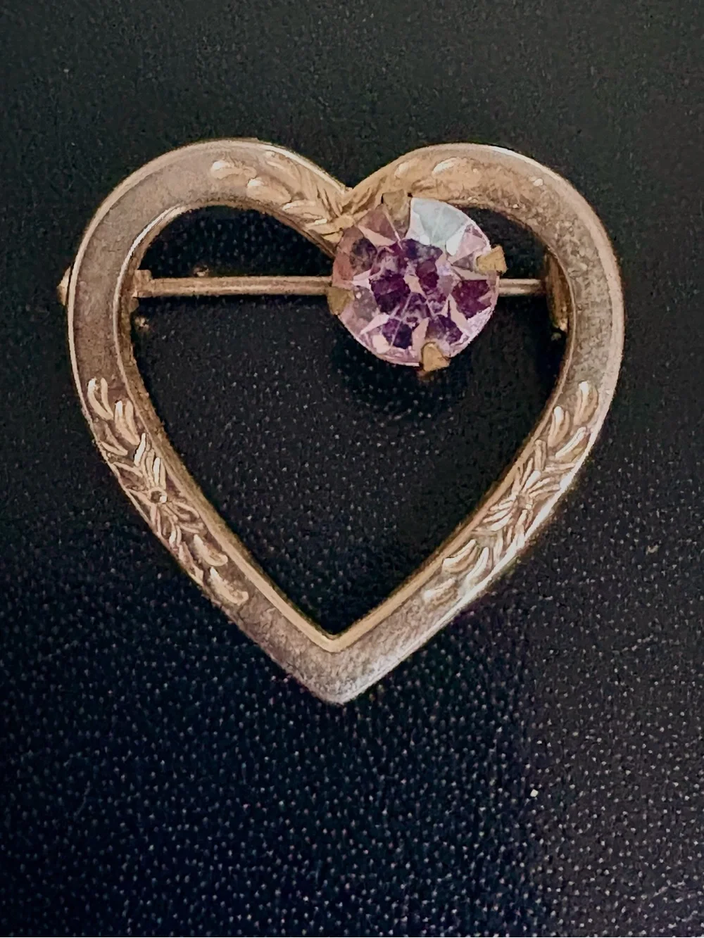 Vintage Sweetheart Brooch Gold Plated Purple Rhinestone Open Heart Brooch